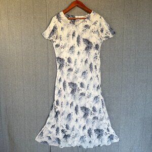 90s Vintage JL Studios Ivory Navy Blue Floral Sequin Flutter Sleeve Maxi Dress